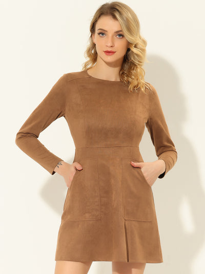 Faux Suede Round Neck Pockets Long Sleeve A-Line Dress
