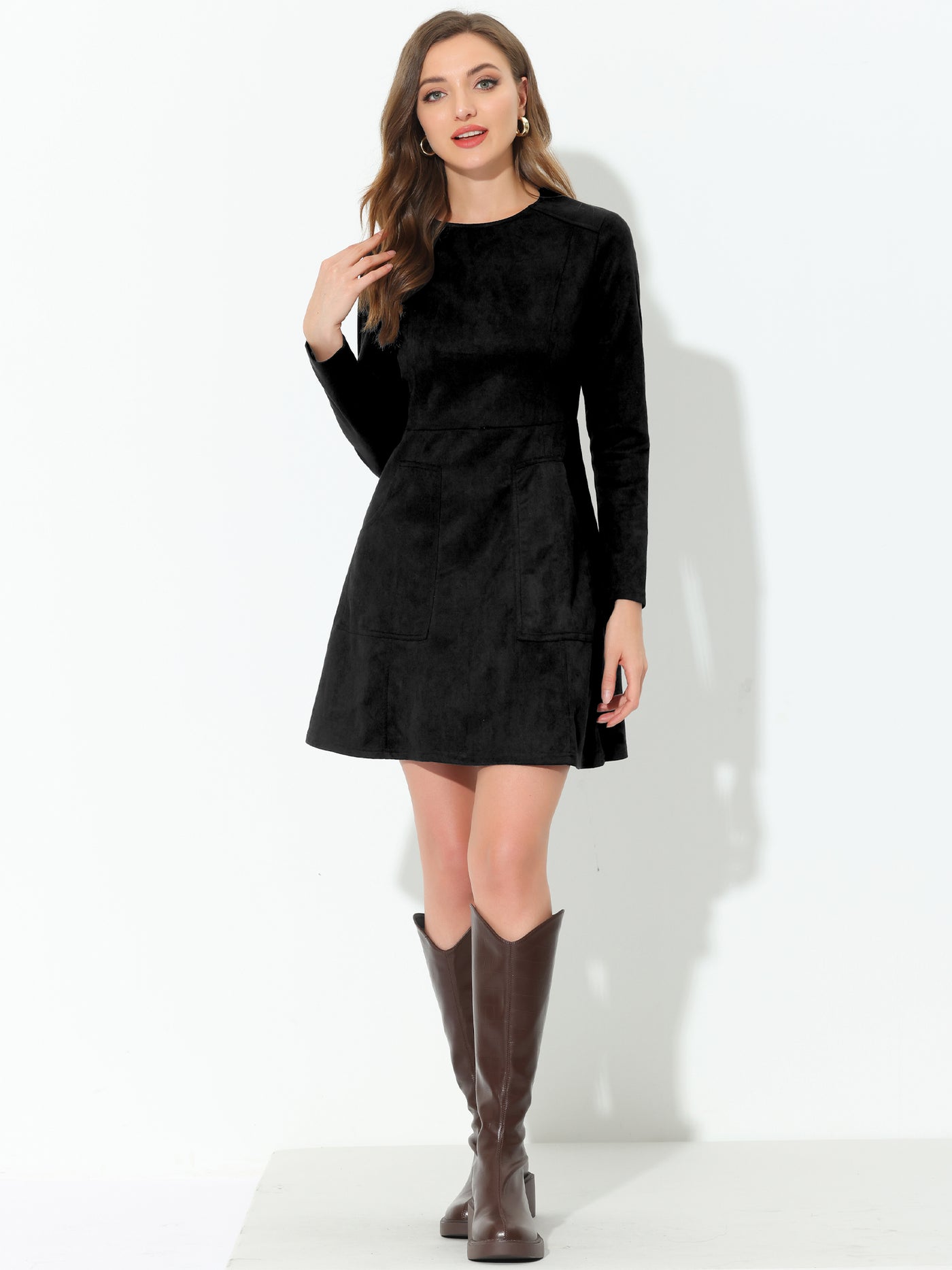 Allegra K Faux Suede Round Neck Pockets Long Sleeve A-Line Dress
