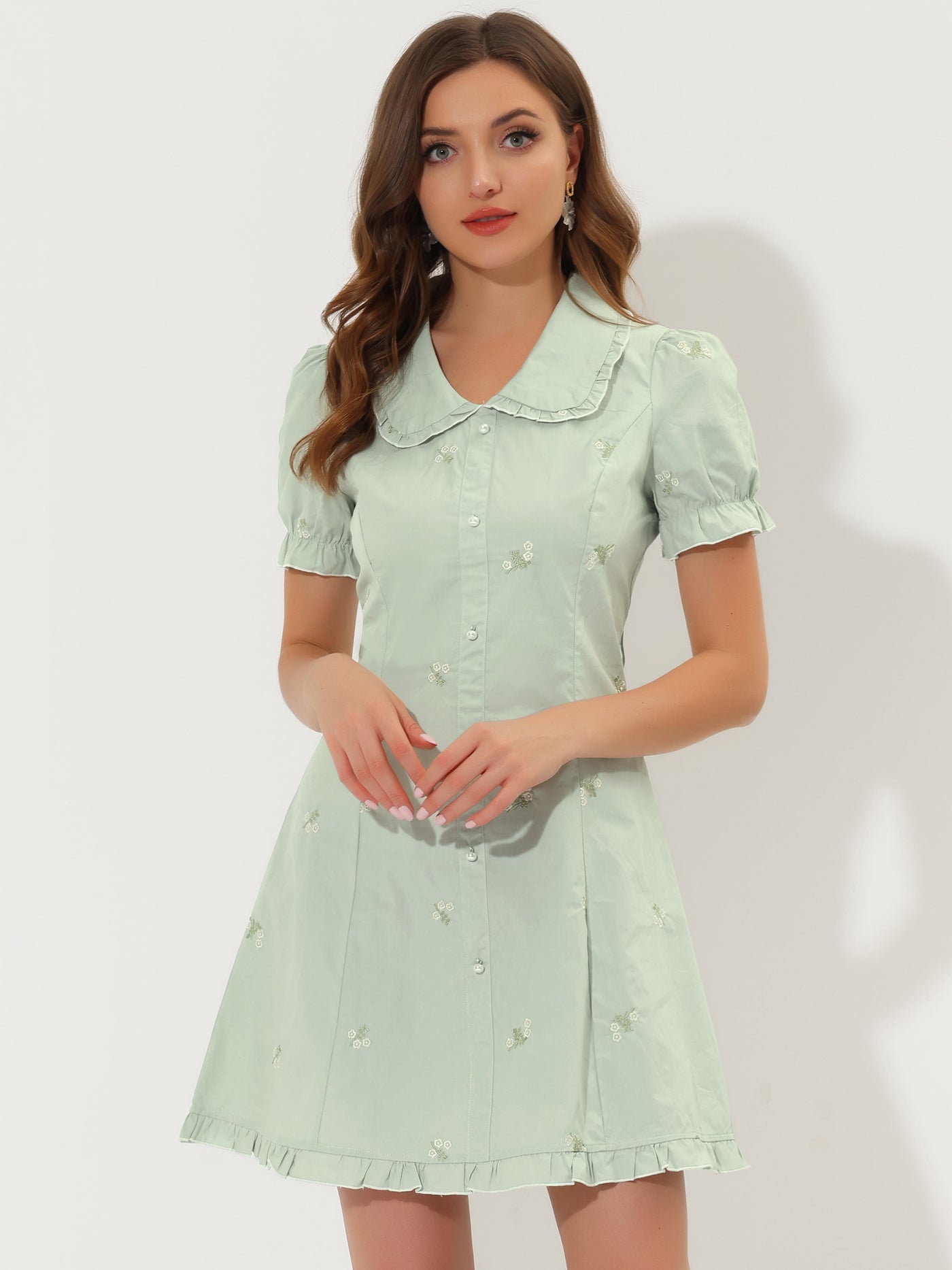 Allegra K Peter Pan Collar Ruffle Sleeve Vintage Floral Cotton Dress