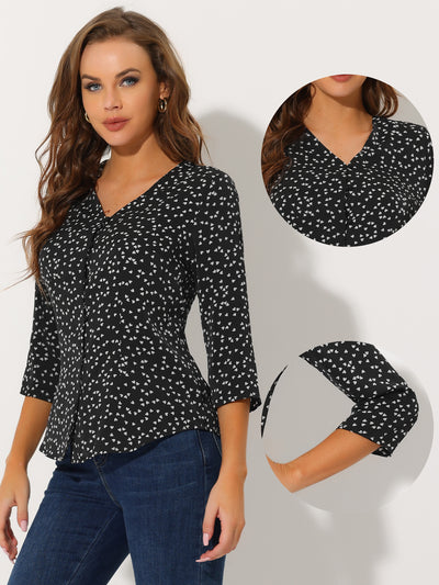 Polka Dots 3/4 Sleeve Button Front Vintage Office Blouse Top