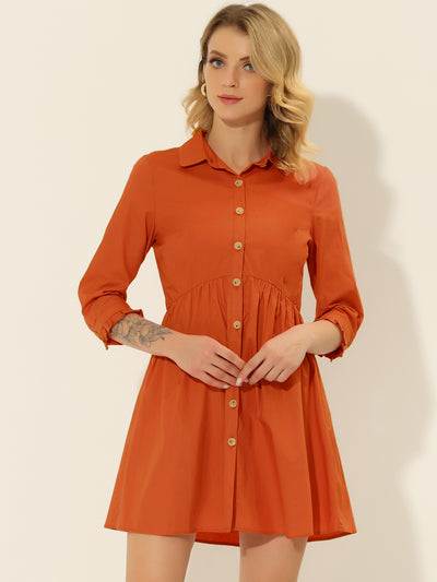 Casual Ruched 3/4 Sleeve Button Up Mini Shirt Dress