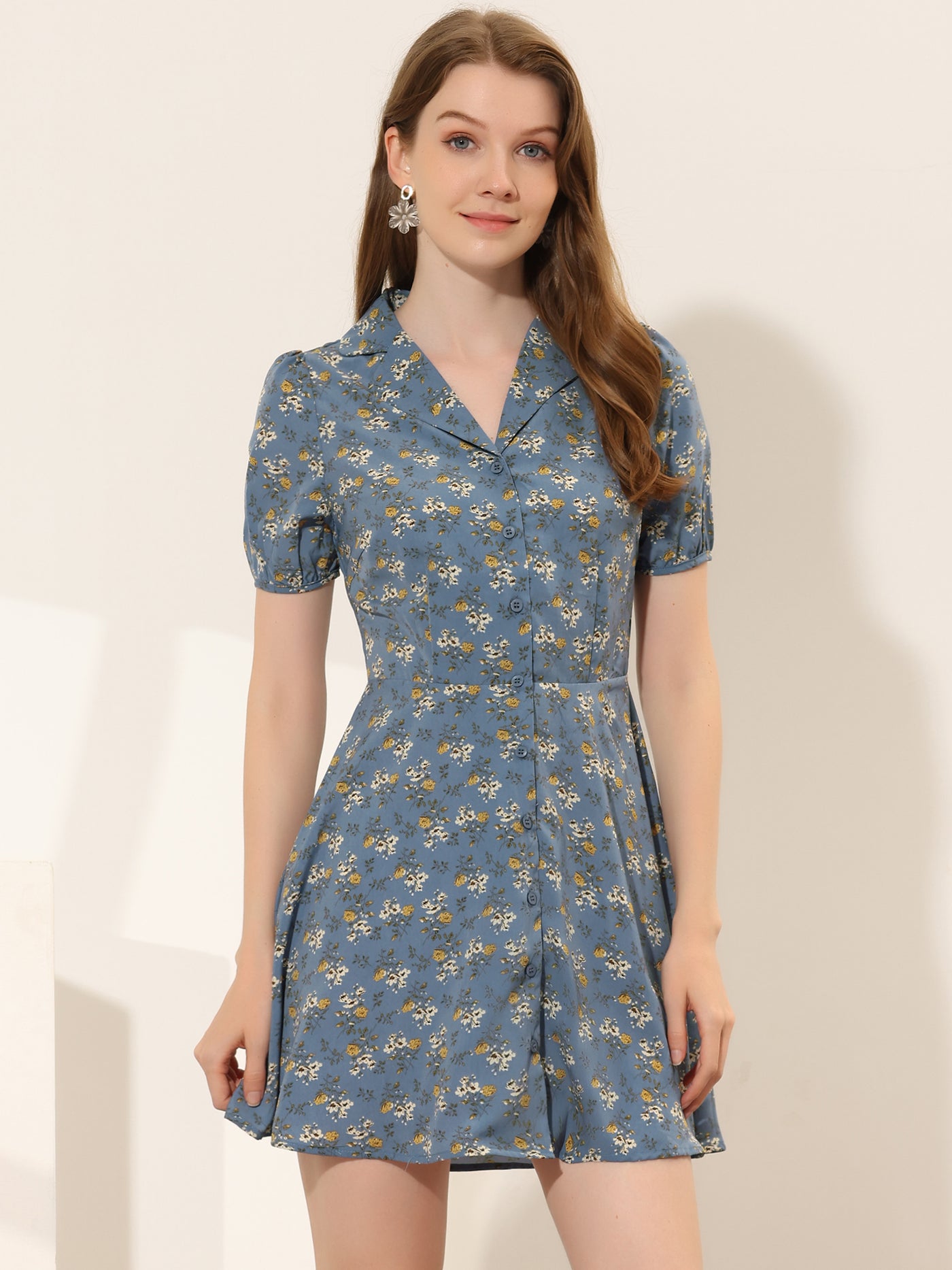 Allegra K Button Up Short Sleeve A-Line Chiffon Vintage Floral Shirt Dress