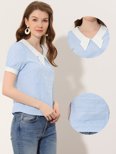 Short Sleeve Top Bow Tie Contrast Color Textured Blouse