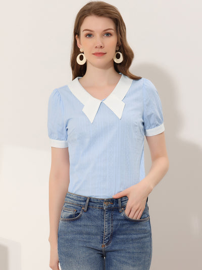 Allegra K Short Sleeve Top for Bow Tie Contrast Color Textured Blouse