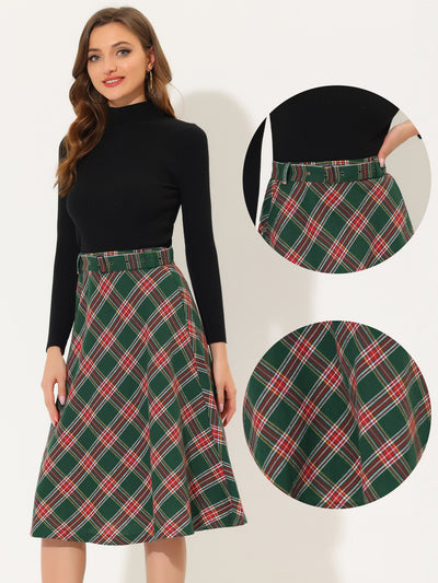 Christmas Tartan Plaid High Waist Belted Vintage A-Line Midi Skirt