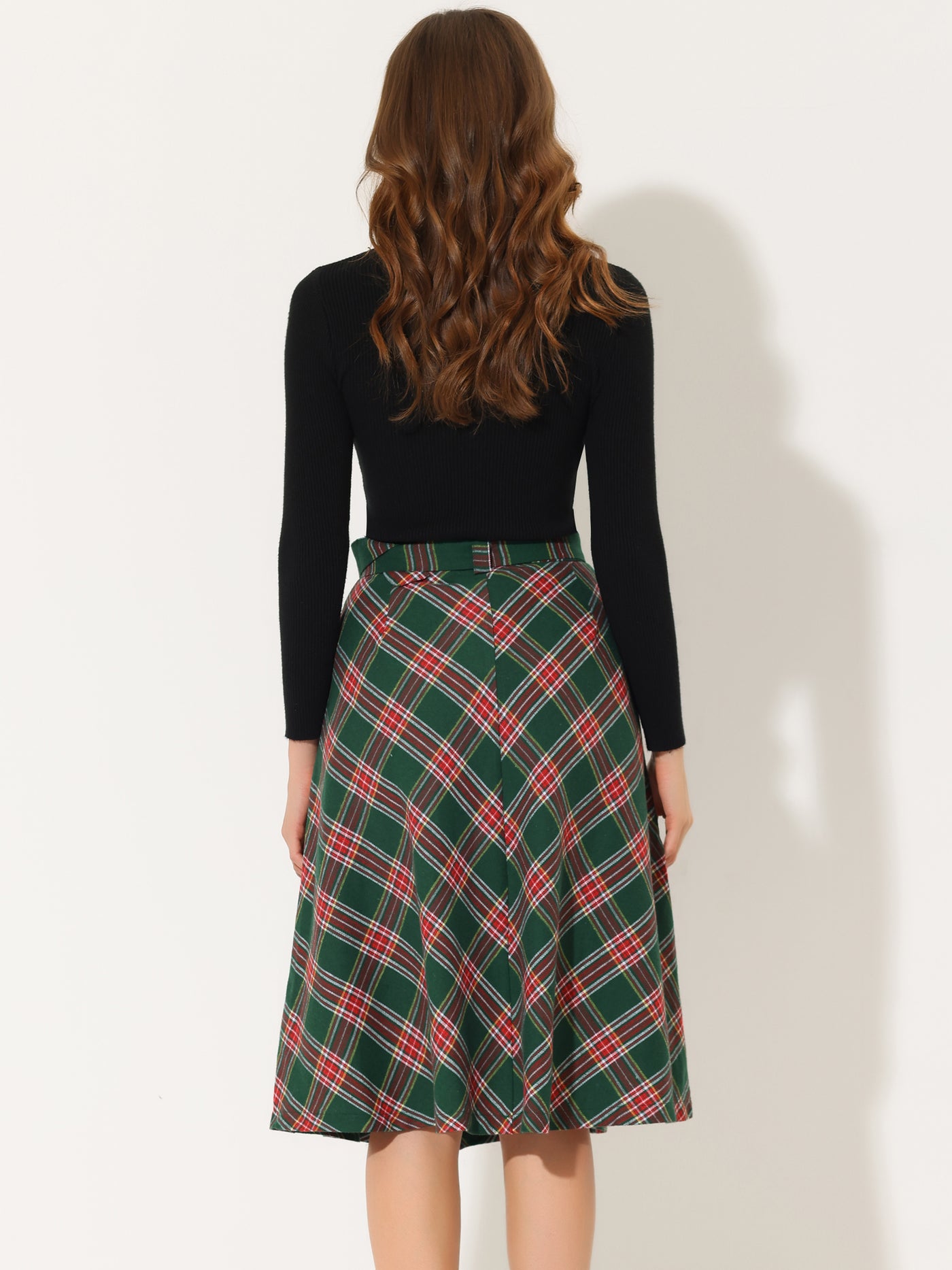 Allegra K Christmas Tartan Plaid High Waist Belted Vintage A-Line Midi Skirt