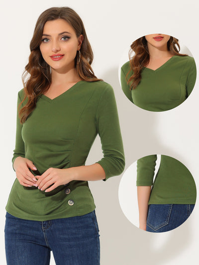 3/4 Sleeve Solid Knitted Button Decor Ruched Blouse