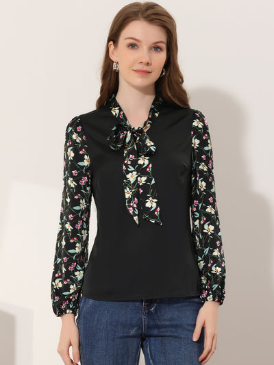 Allegra K Satin Contrast Floral Panel Bow Tie Long Sleeve Work Blouse