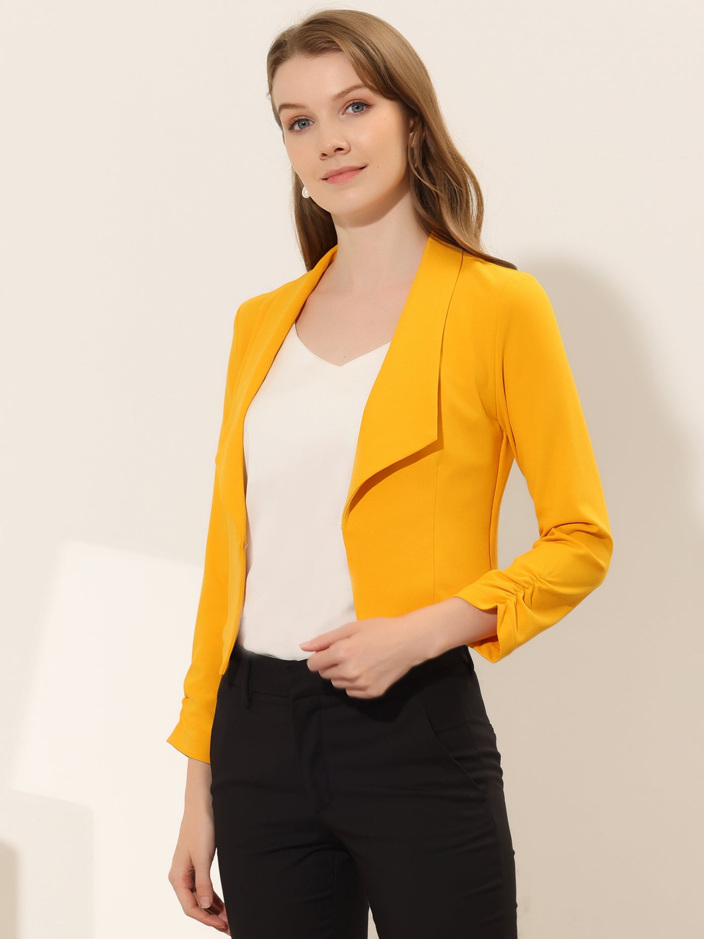 Allegra K Notched Lapel Ruched Sleeve Jacket Business Cropped Blazer