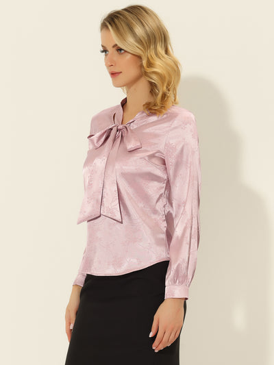 Bow Tie Neck Long Sleeve Printed Pussy Satin Blouse Tops