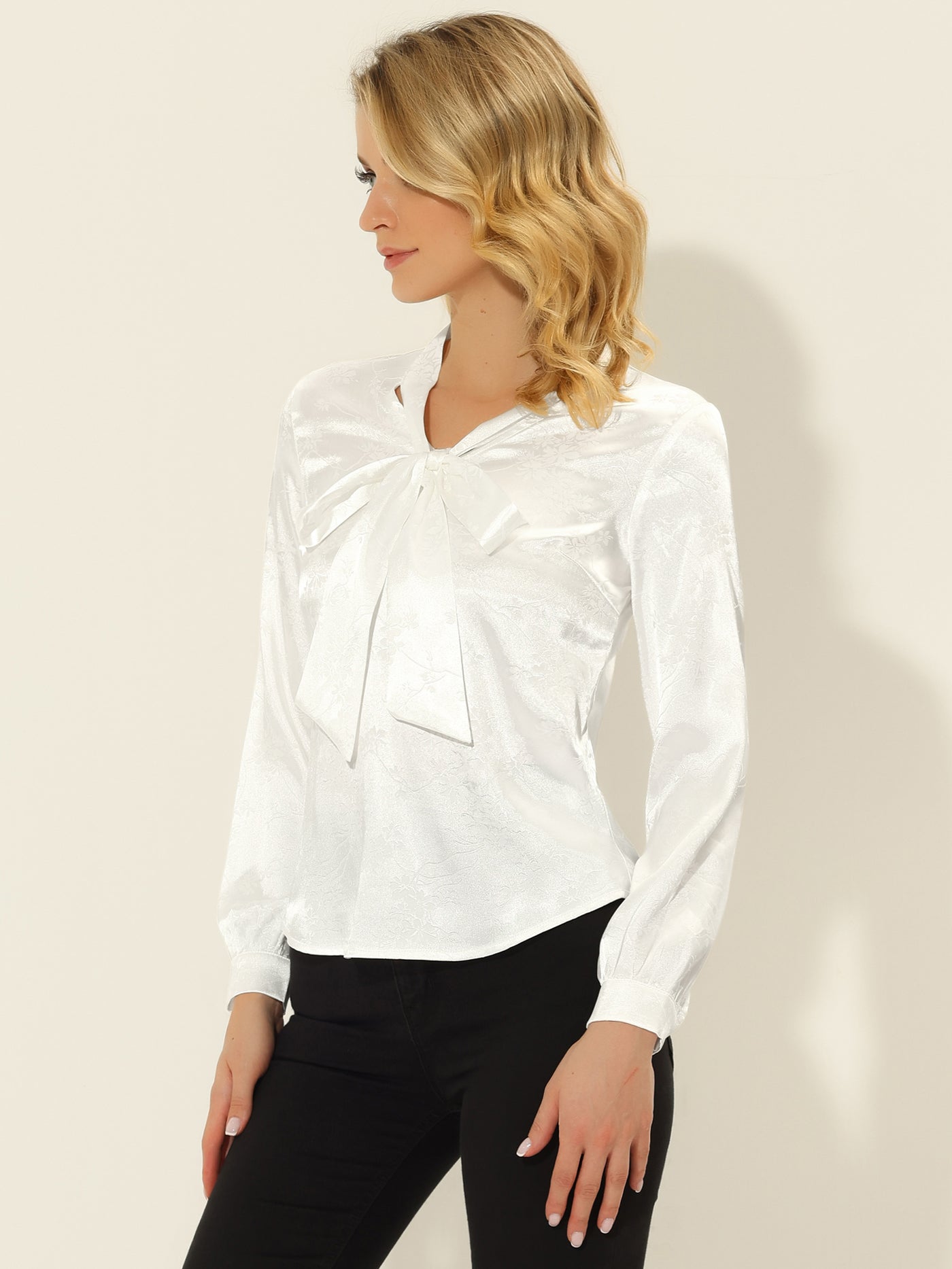 Allegra K Bow Tie Neck Long Sleeve Printed Pussy Satin Blouse Tops