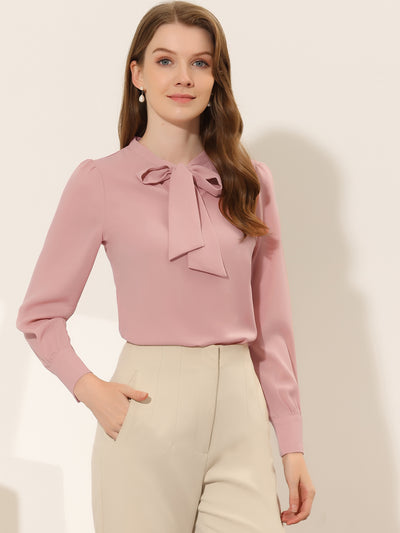 Bow Tie Neck Elegant Top Long Sleeve Solid Work Office Blouse