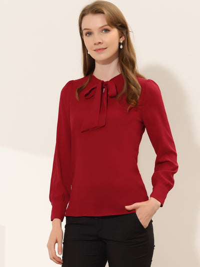 Bow Tie Neck Elegant Top Long Sleeve Solid Work Office Blouse