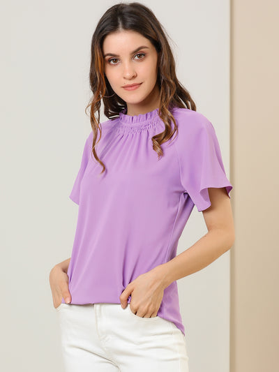 Short Sleeve Blouse Casual Business Pleated Mock Neck Tops