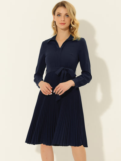 A-Line V Neck Turn Down Collar Belted Pleated Dress
