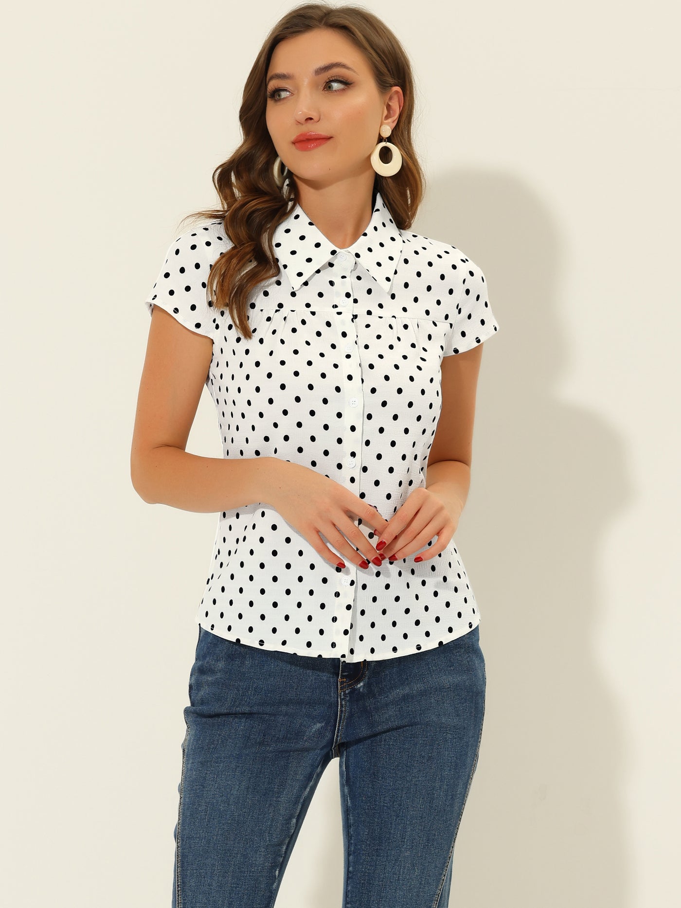 Allegra K Short Sleeve Tops Vintage Polka Dots Button Up Shirt