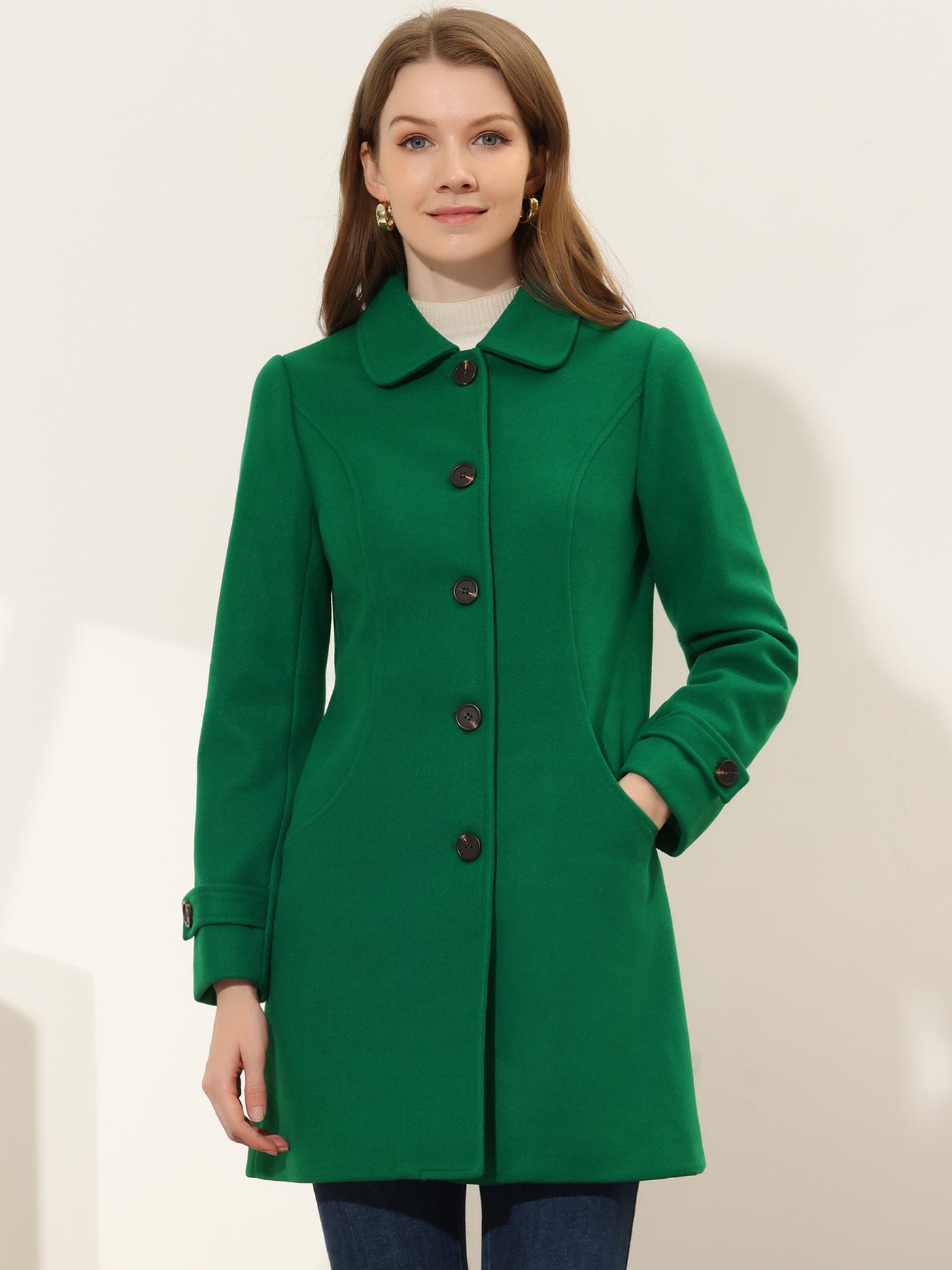 Allegra K Winter Peter Pan Collar Mid-thigh A-line Single Breasted Pea Coat