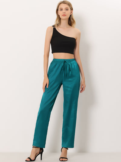 Allegra K Satin Elastic Waist Straight Loose Long Trousers Pants with Pockets