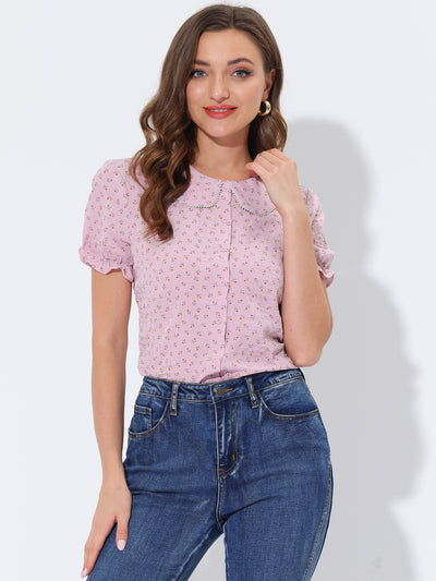 Summer Button Peter Pan Collar Short Sleeve Ditsy Floral Blouse