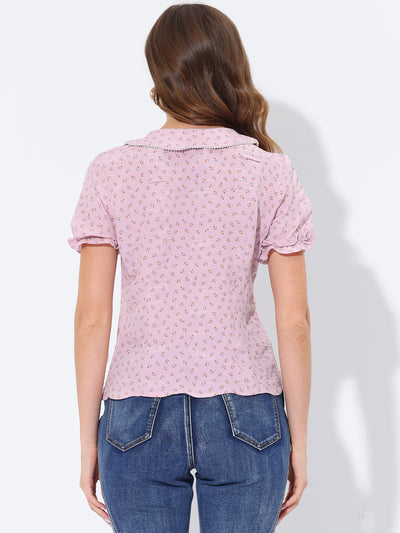 Summer Button Peter Pan Collar Short Sleeve Ditsy Floral Blouse