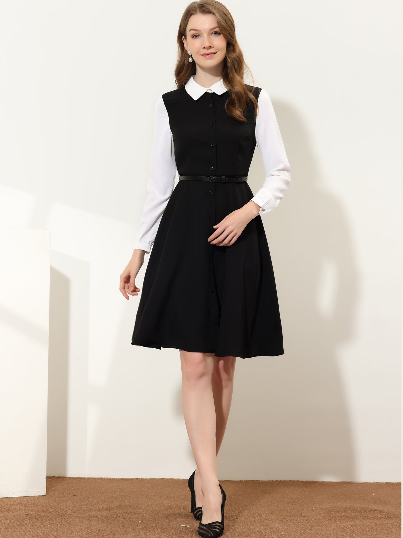 Allegra K Work Button Front Dress Long Sleeve Contrast Collar Shirtdress