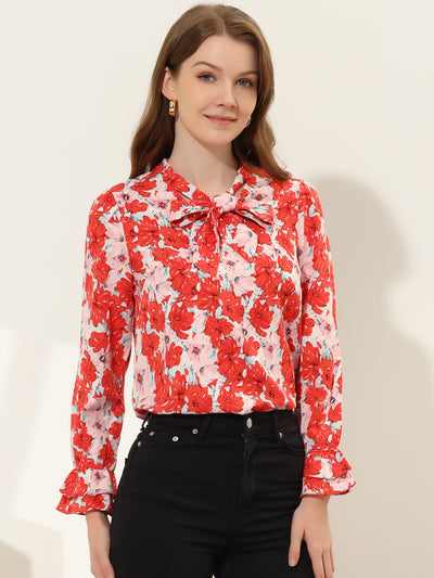 Valentine's Day Floral Tie V Neck Blouse Chiffon Ruffle Trumpet Top