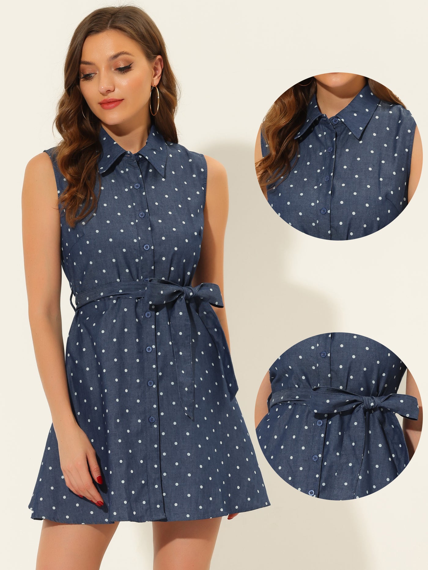 Allegra K Vintage Polka Dot Tie Waist Sleeveless A-Line Denim Shirt Dress
