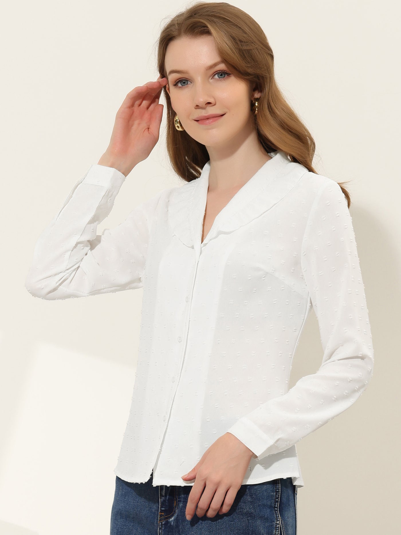 Allegra K Swiss Dots Long Sleeve Button Front Ruffled Collar Shirt