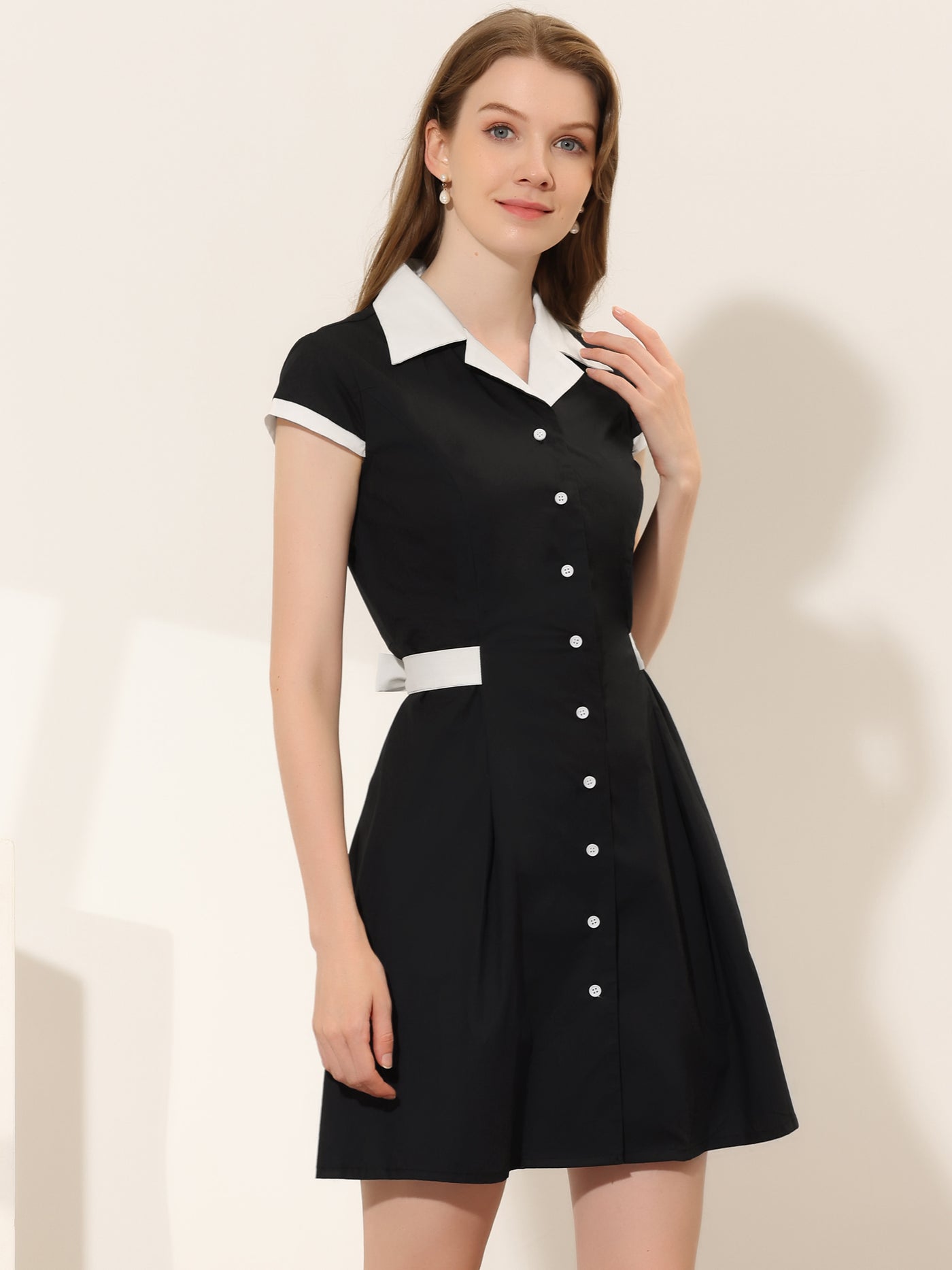 Allegra K Retro Button Down Flat Collar Belted Office Mini Shirt Dress
