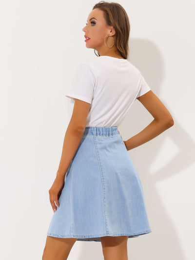 High Waisted A-Line Flared Casual Denim Midi Skirt