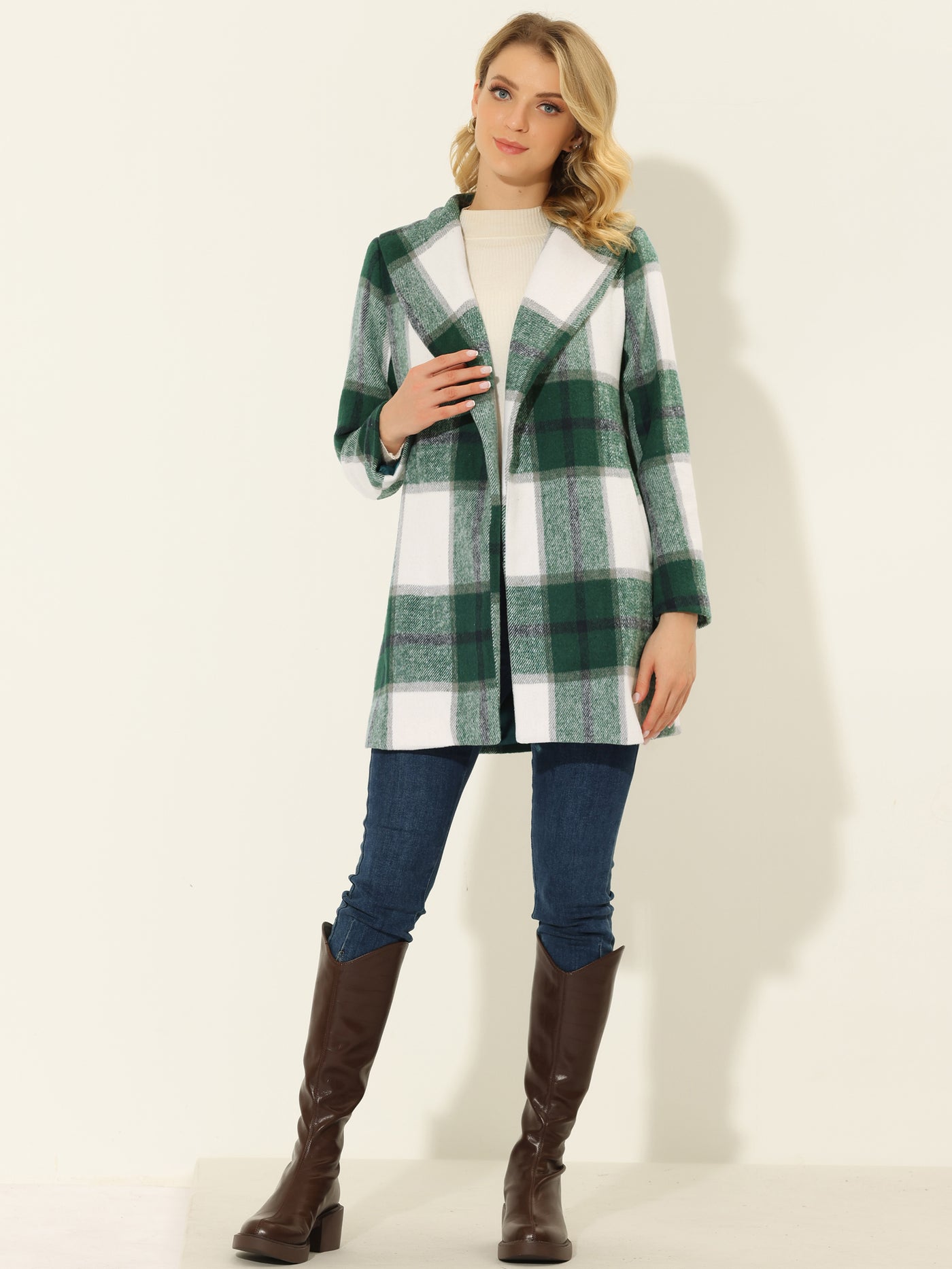 Allegra K Shawl Collar Check Belted Wrap Plaid Coat with Pockets