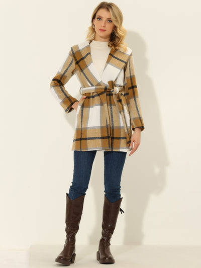 Shawl Collar Check Belted Wrap Plaid Coat with Pockets