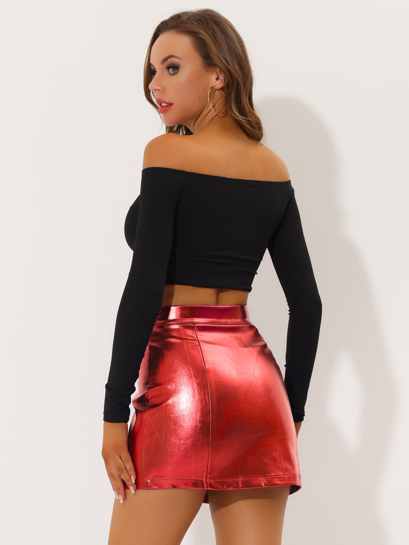 Allegra K Metallic Shiny Holographic High Waist Zipper Short Skirt