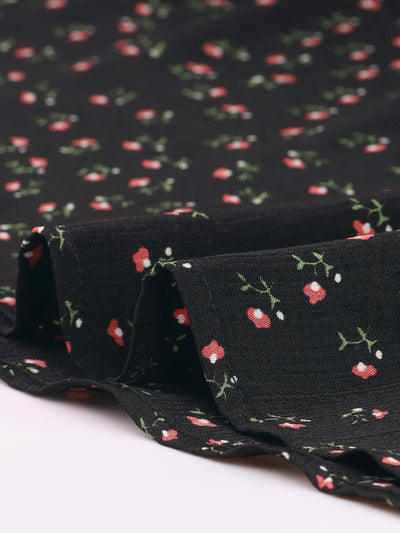 Floral Print Tie Neck High Waist Long Sleeve Ruffle Cuff Mini Dress