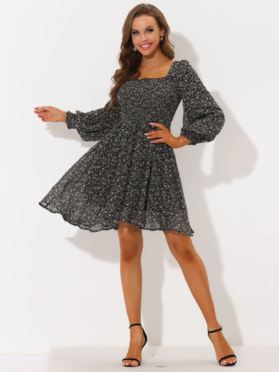 Chiffon Puff Long Sleeve Smocked Floral Square Neck Dress
