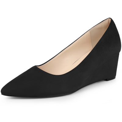 Faux Suede Solid Color Pointed Toe Slip On Wedge Heel Pumps