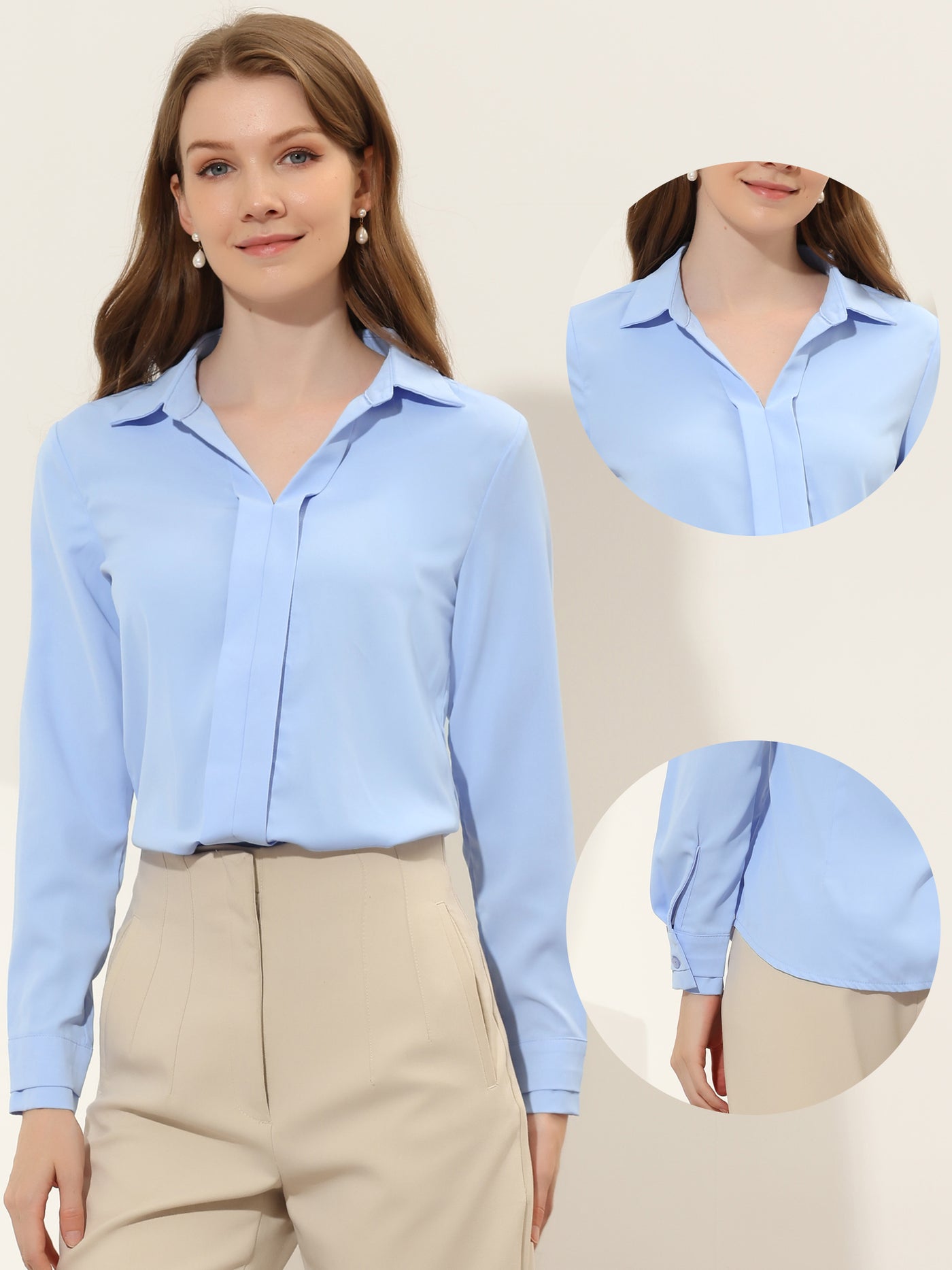 Allegra K Satin V Neck Long Sleeve Silky Office Work Solid Shirt