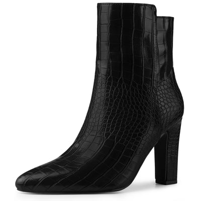 Allegra K Crocodile Printed Pointed Toe Chunky Heel Ankle Boots