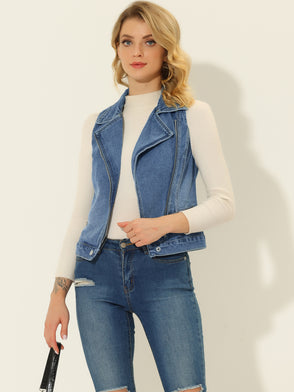 Sleeveless Moto Jacket Zip Up Classic Jeans Denim Vest