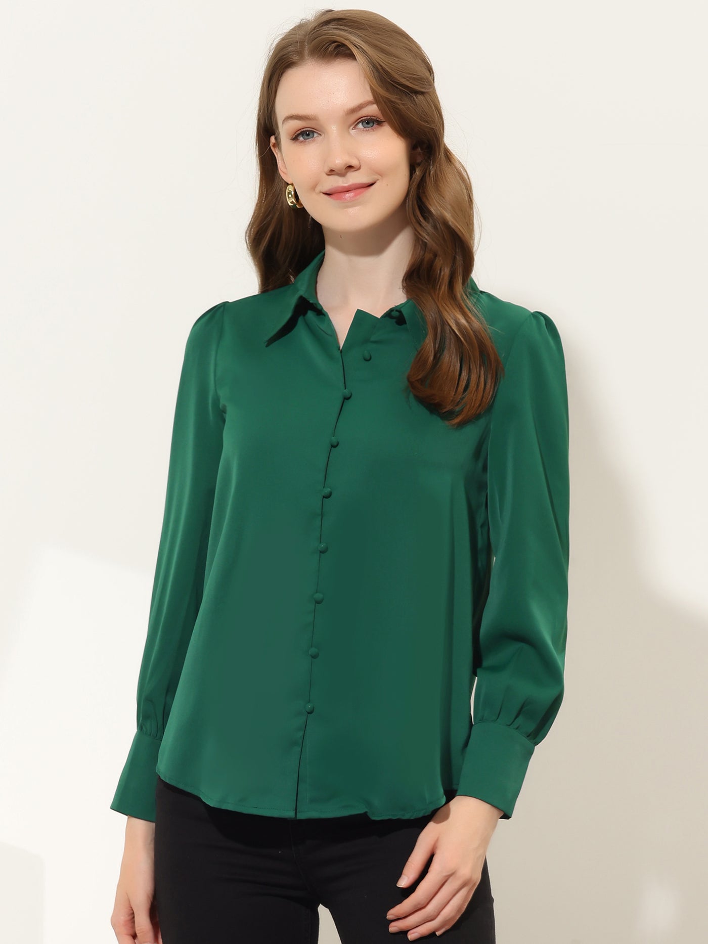 Allegra K Work Office Blouse Point Collar Long Sleeve Solid Button Down Shirt