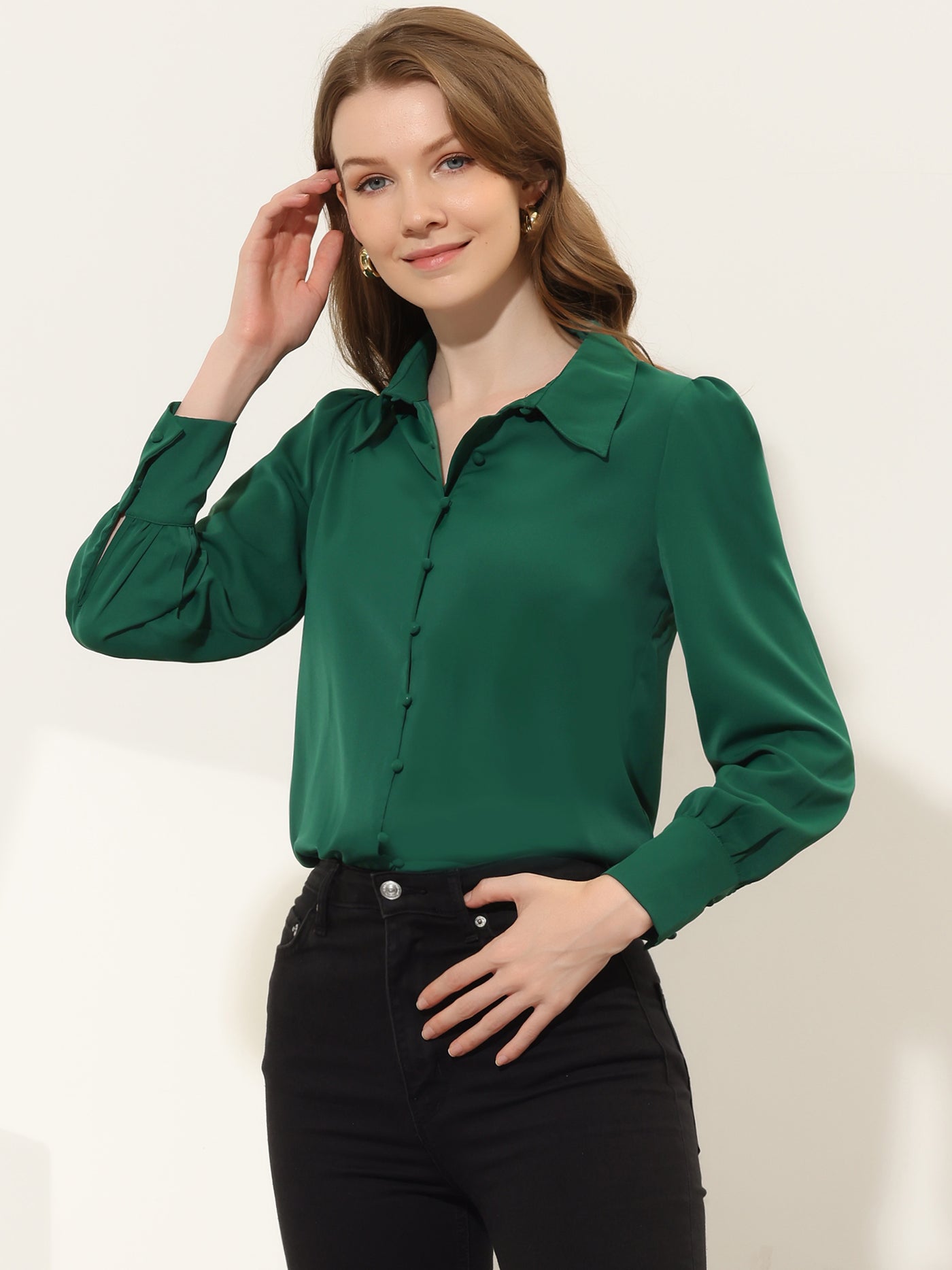 Allegra K Work Office Blouse Point Collar Long Sleeve Solid Button Down Shirt