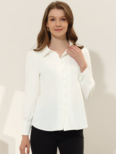 Work Office Blouse Point Collar Long Sleeve Solid Button Down Shirt