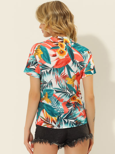 Hawaiian Floral Leaves Point Collar Short Sleeve Button Down Shirt