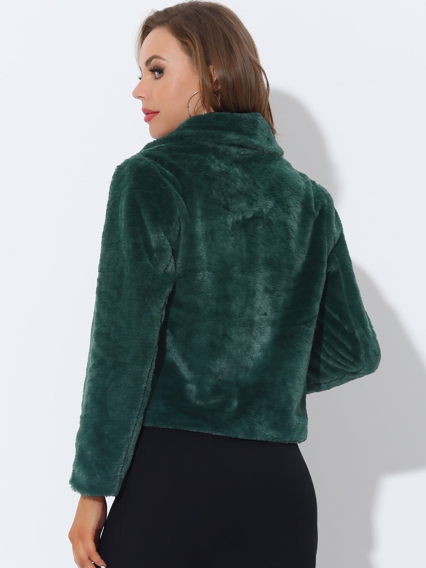 Allegra K Autumn Winter Cropped Jacket Notch Lapel Faux Fur Fluffy Coat
