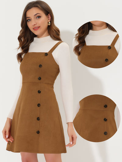 Faux Suede Button Above Knee A-Line Pinafore Overall Dress