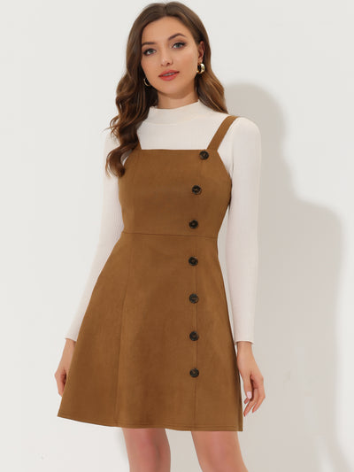 Faux Suede Button Above Knee A-Line Pinafore Overall Dress