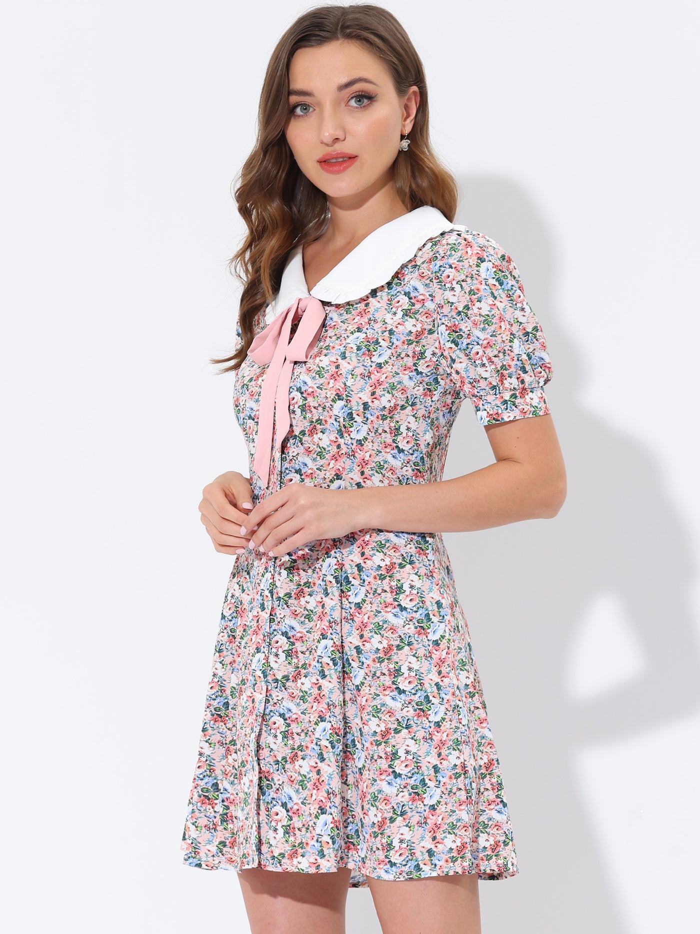 Allegra K Peter Pan Collar Flowy Short Sleeve Ruffle Summer Floral Shirt Dress