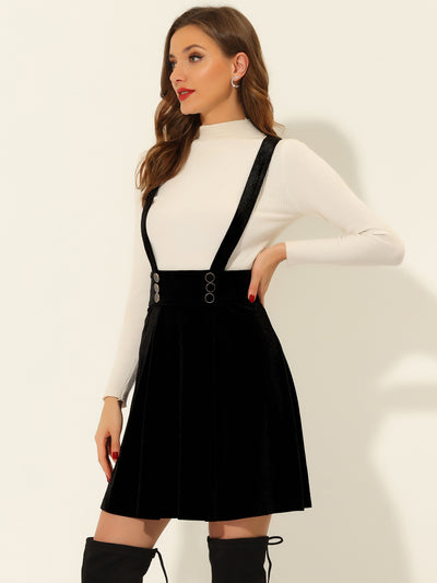 Allegra K Suspender Velvet High Waist A-Line Overall Skirt