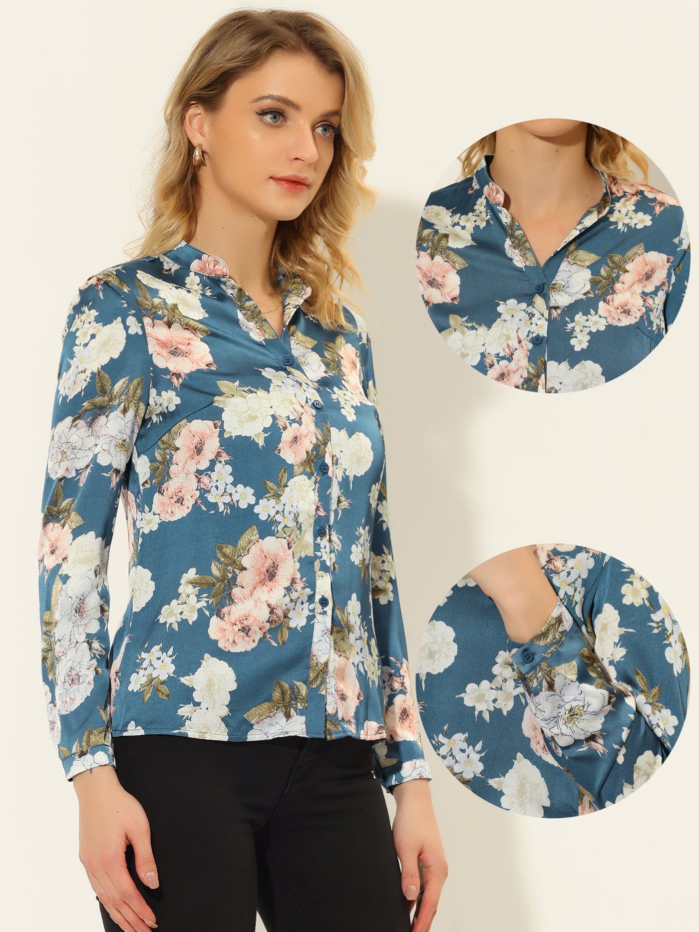 Allegra K Floral Blouse V Neck Long Sleeve Satin Button Down Shirt
