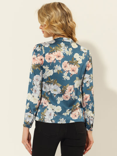 Floral Blouse V Neck Long Sleeve Satin Button Down Shirt